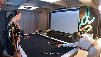 Two Stunning Brown-Skinned Girls Engage In A Steamy Threesome On A Pool Table